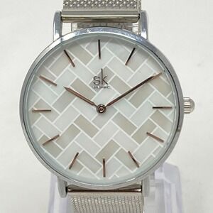 SK Shengke Watch Women 34mm Silver Tone MOP Mosaic Dial Mesh Band New Battery